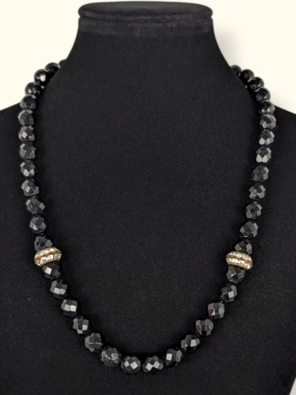 Vintage Black Glass & Rhinestone Accent Necklace